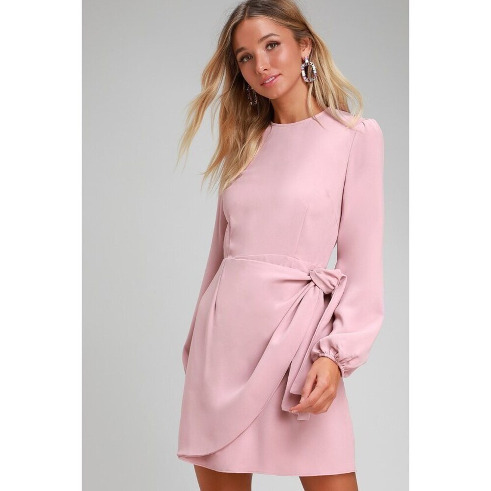 Lulus Believe It Or Knot Rose Pink Long Sleeve Tie-front Skater Dress - Size L